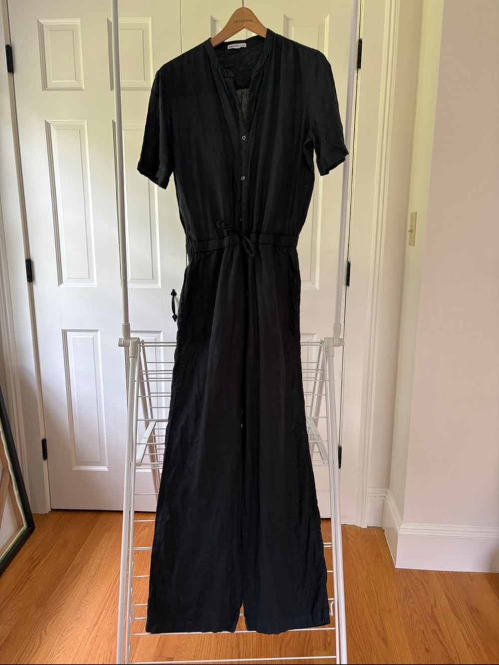 James Perse Short-Sleeve linen Maxi Jumpsuit with Drawstring Waist dark blue